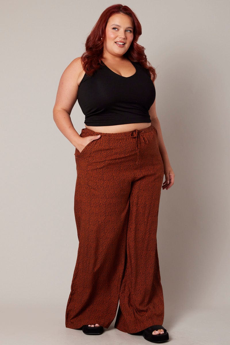 Brown Geo Wide Leg Pants High Rise for YouandAll Fashion