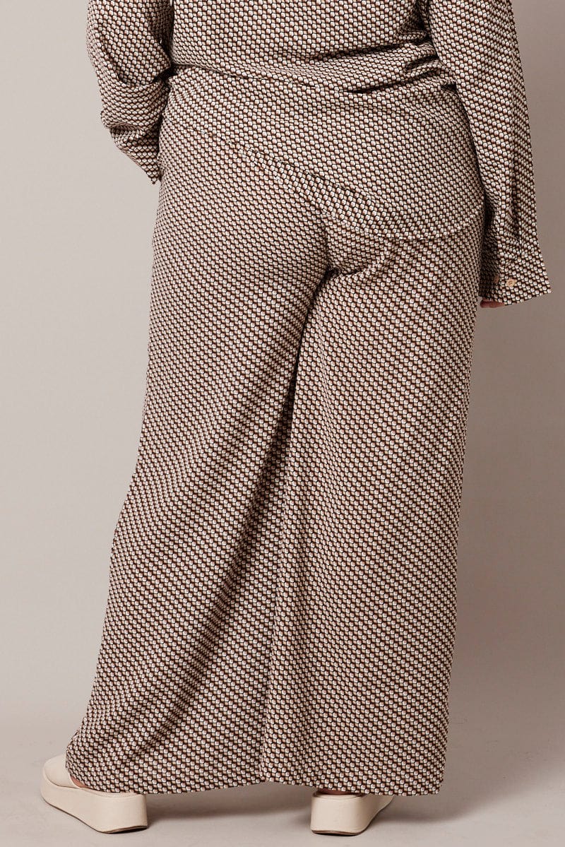 Brown Geo Wide Leg Pants High Rise for YouandAll Fashion