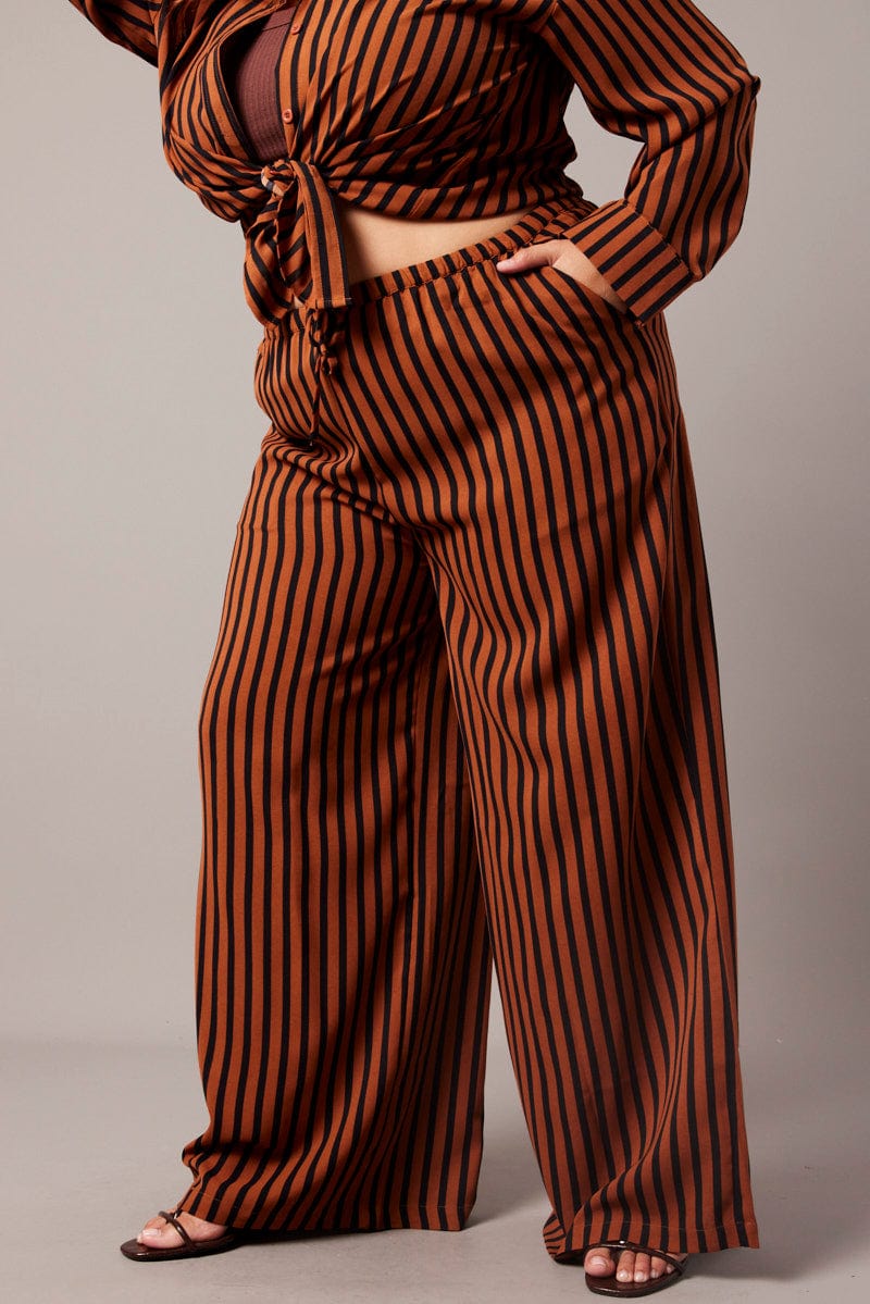 Brown Stripe Wide Leg Pants High Rise for YouandAll Fashion