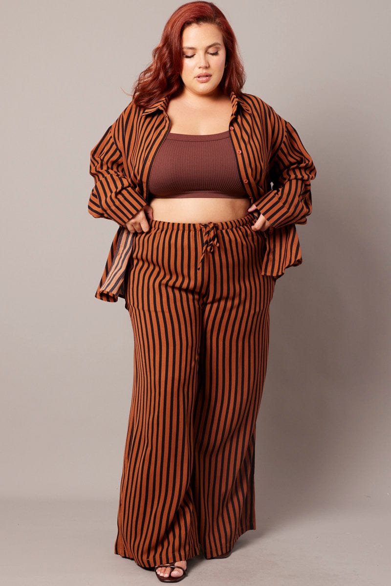 Plus Size High Waisted Wide Leg Striped Pants Plus Size Women'S
