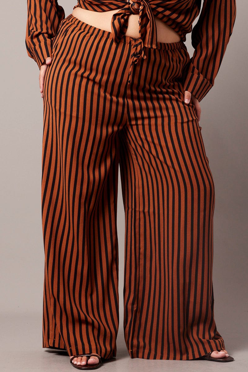 Brown Stripe Wide Leg Pants High Rise for YouandAll Fashion