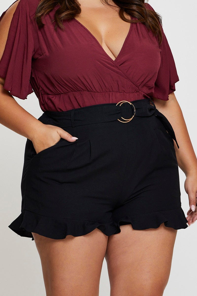 Black Belted Shorts Mid Rise Linen Blend Ruffle Hem For Women By You And All