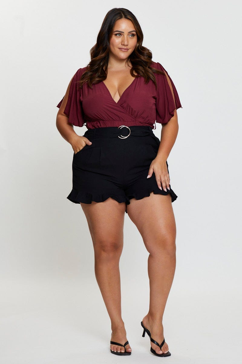 Black Belted Shorts Mid Rise Linen Blend Ruffle Hem For Women By You And All