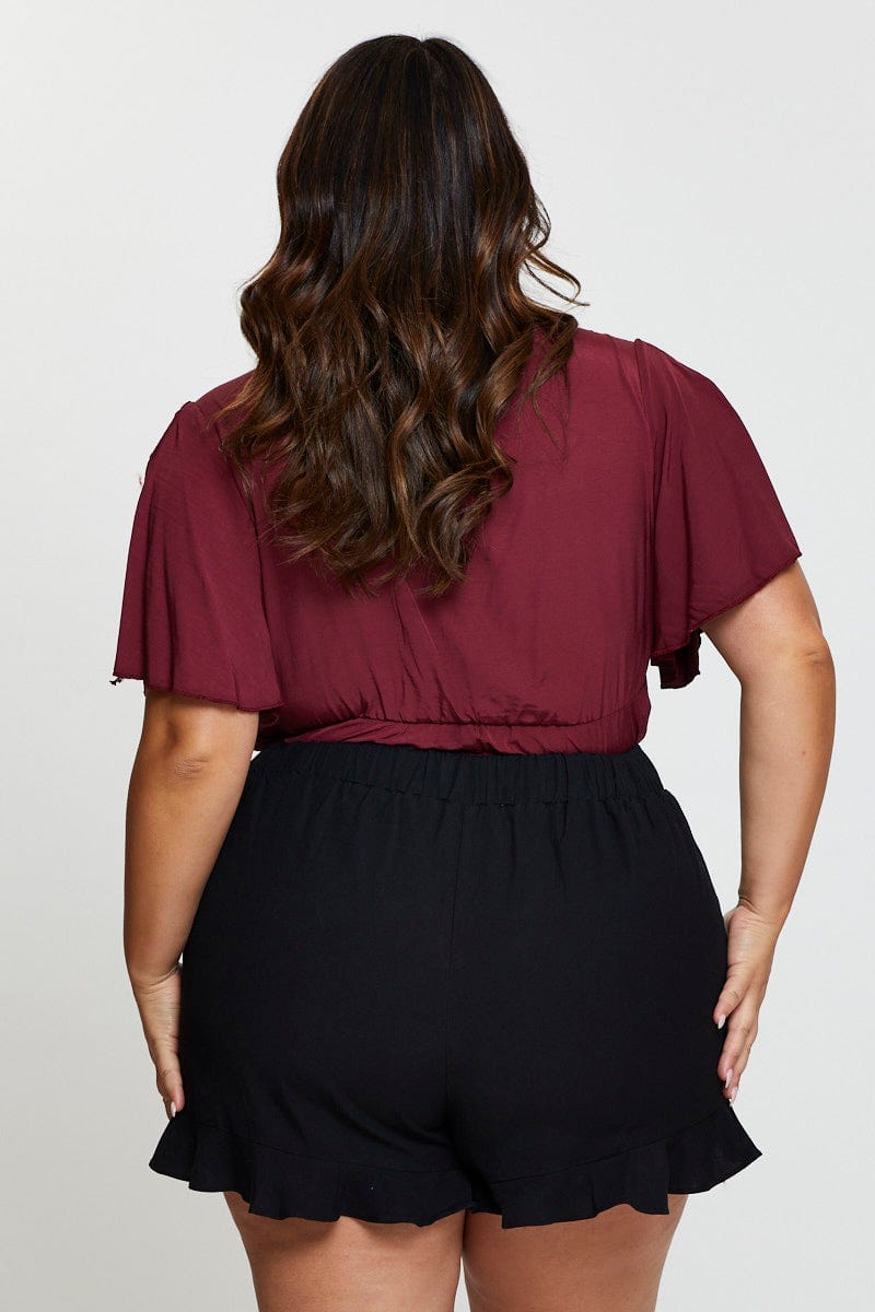 Black Belted Shorts Mid Rise Linen Blend Ruffle Hem For Women By You And All
