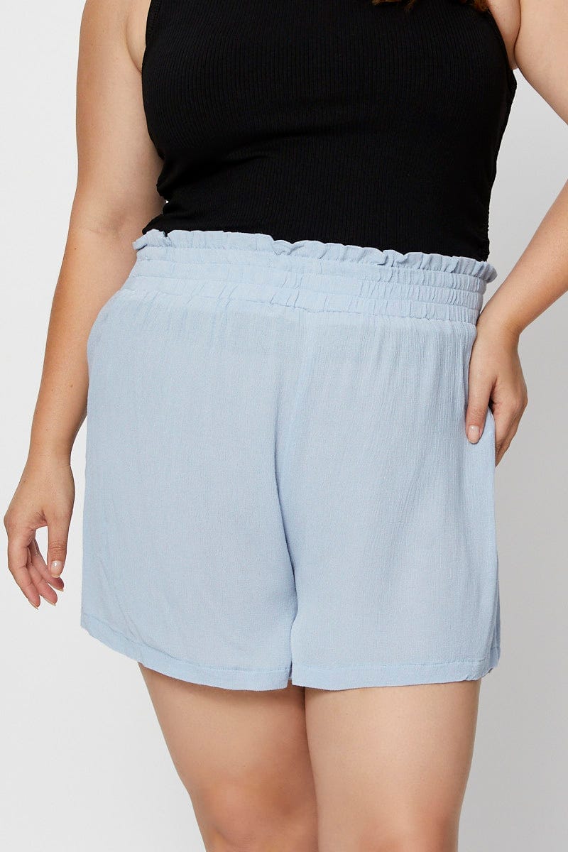 Blue Shorts High Rise Shirred Waist For Women By You And All