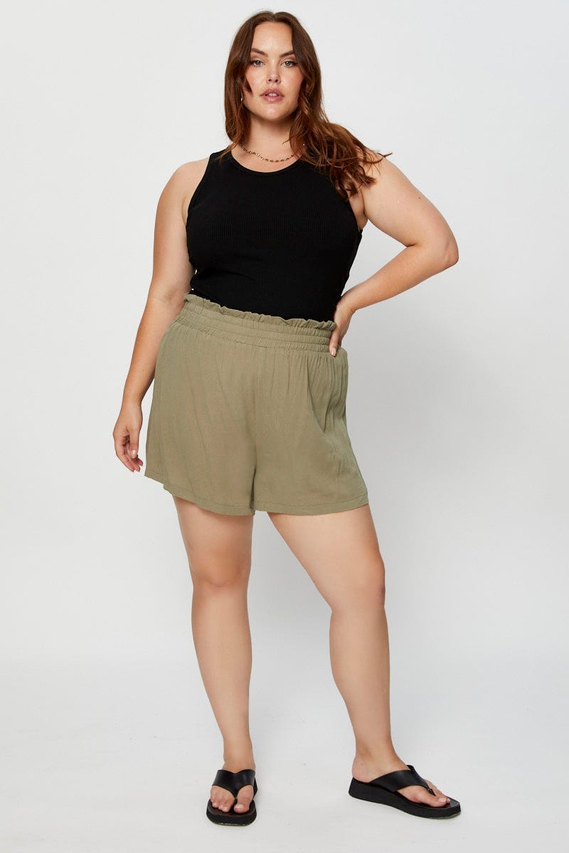 Green Shorts High Rise Shirred Waist For Women By You And All