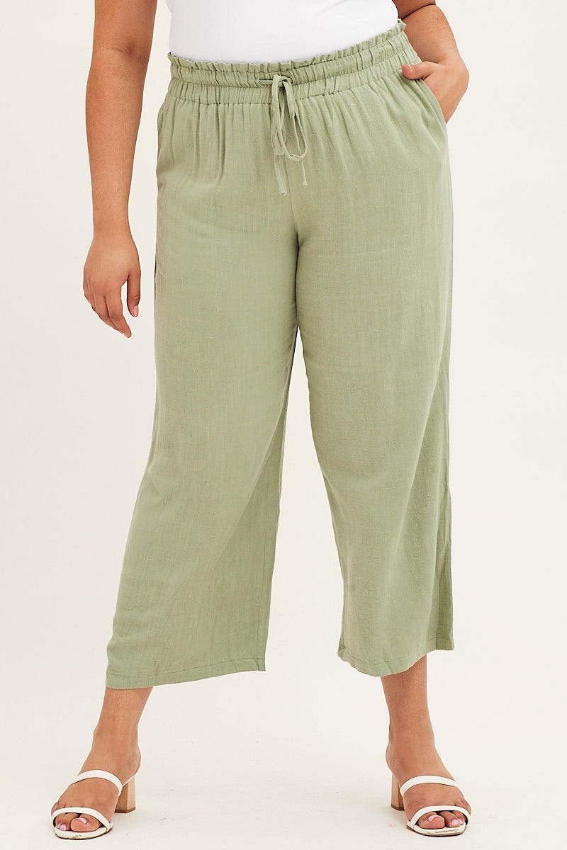 Khaki High Rise Linen Blend Paper Bag Wide Leg Pants For Women By You And All