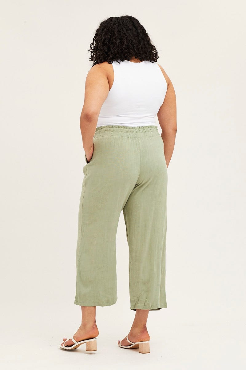 Plus Size Green High Rise Linen Blend Paper Bag Wide Leg Pants