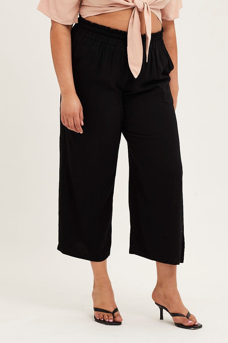 Black High Rise Linen Blend Paper Bag Wide Leg Pants For Women By You And All