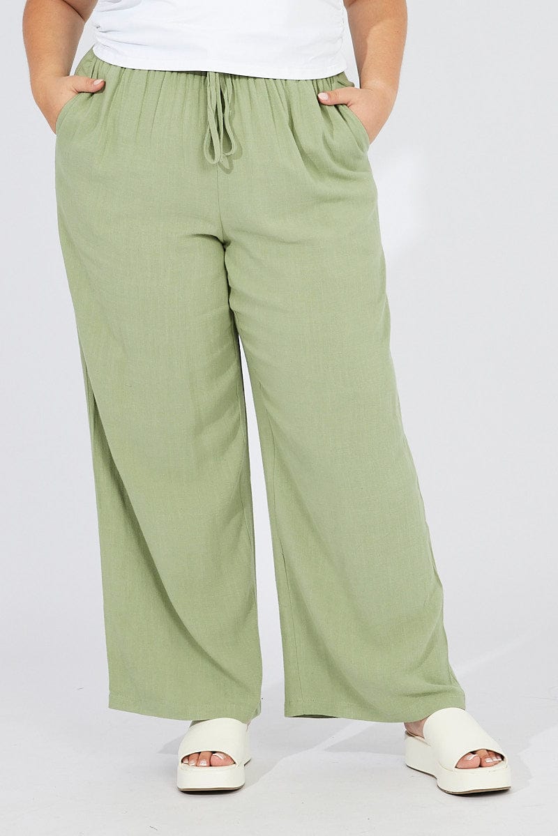 Green Wideleg Pants Paperbag Elastic Waist Linen Blend