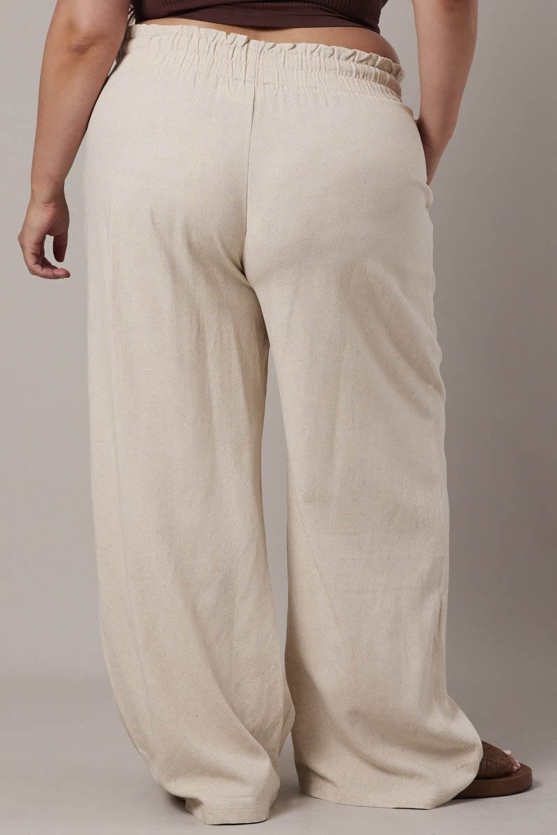 Beige Wideleg Pants Paperbag Elastic Waist Linen Blend for YouandAll Fashion