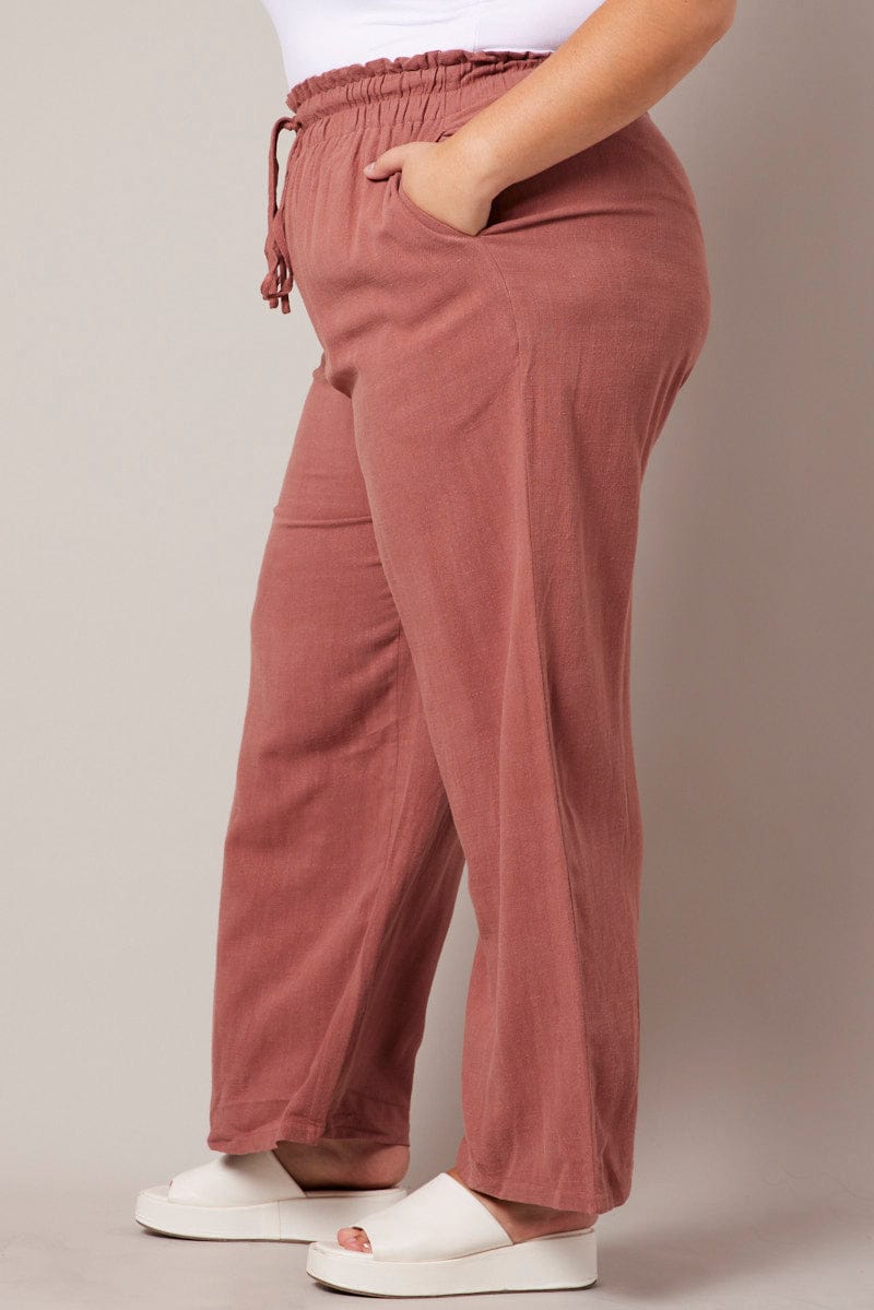 Brown Wideleg Pants Paperbag Elastic Waist Linen Blend for YouandAll Fashion