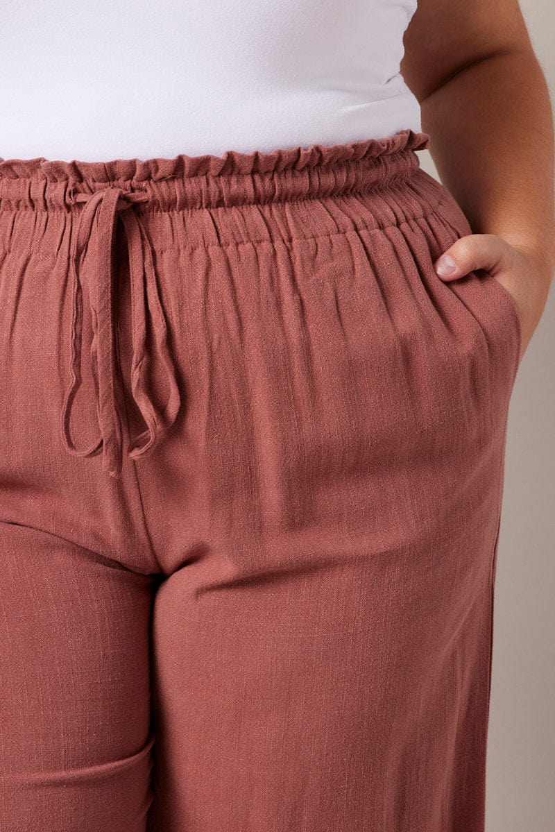 Brown Wideleg Pants Paperbag Elastic Waist Linen Blend for YouandAll Fashion