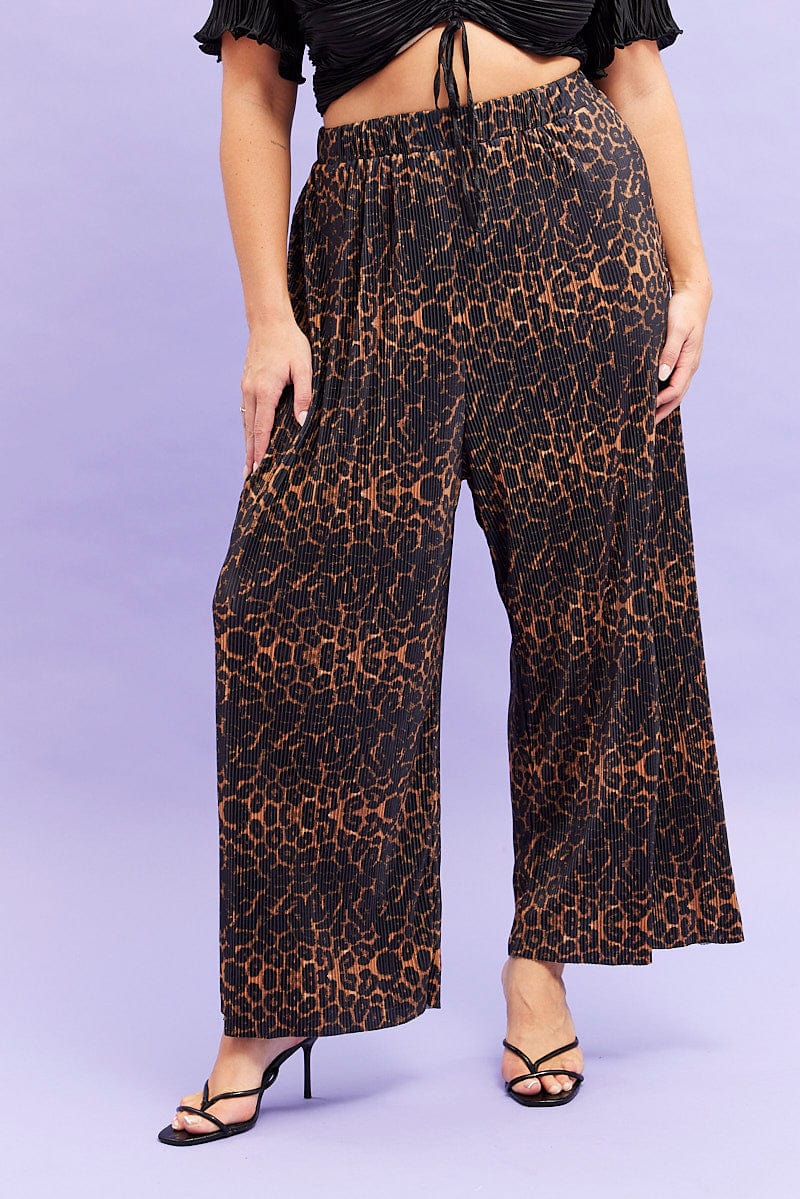 Brown Animal Print Plisse Pants Wide Leg for YouandAll Fashion