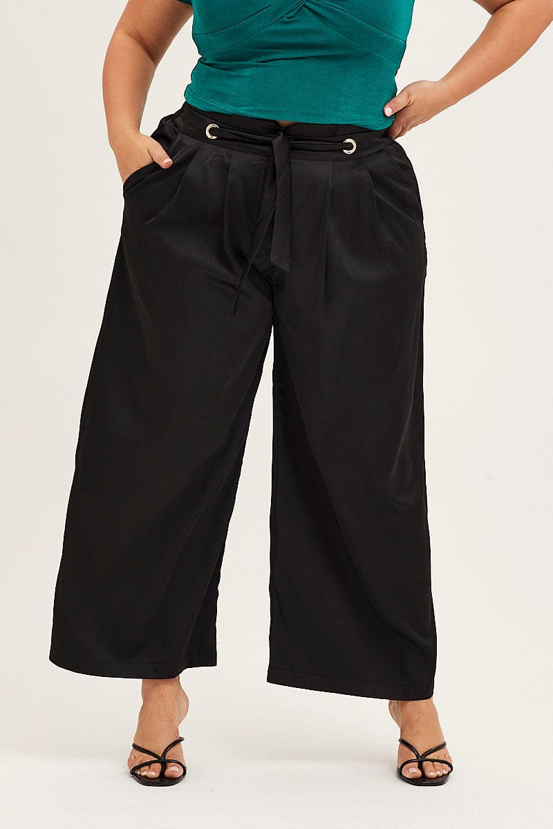 Black High Waist Eyelet Detail Wide Leg Pant for Women by You + All