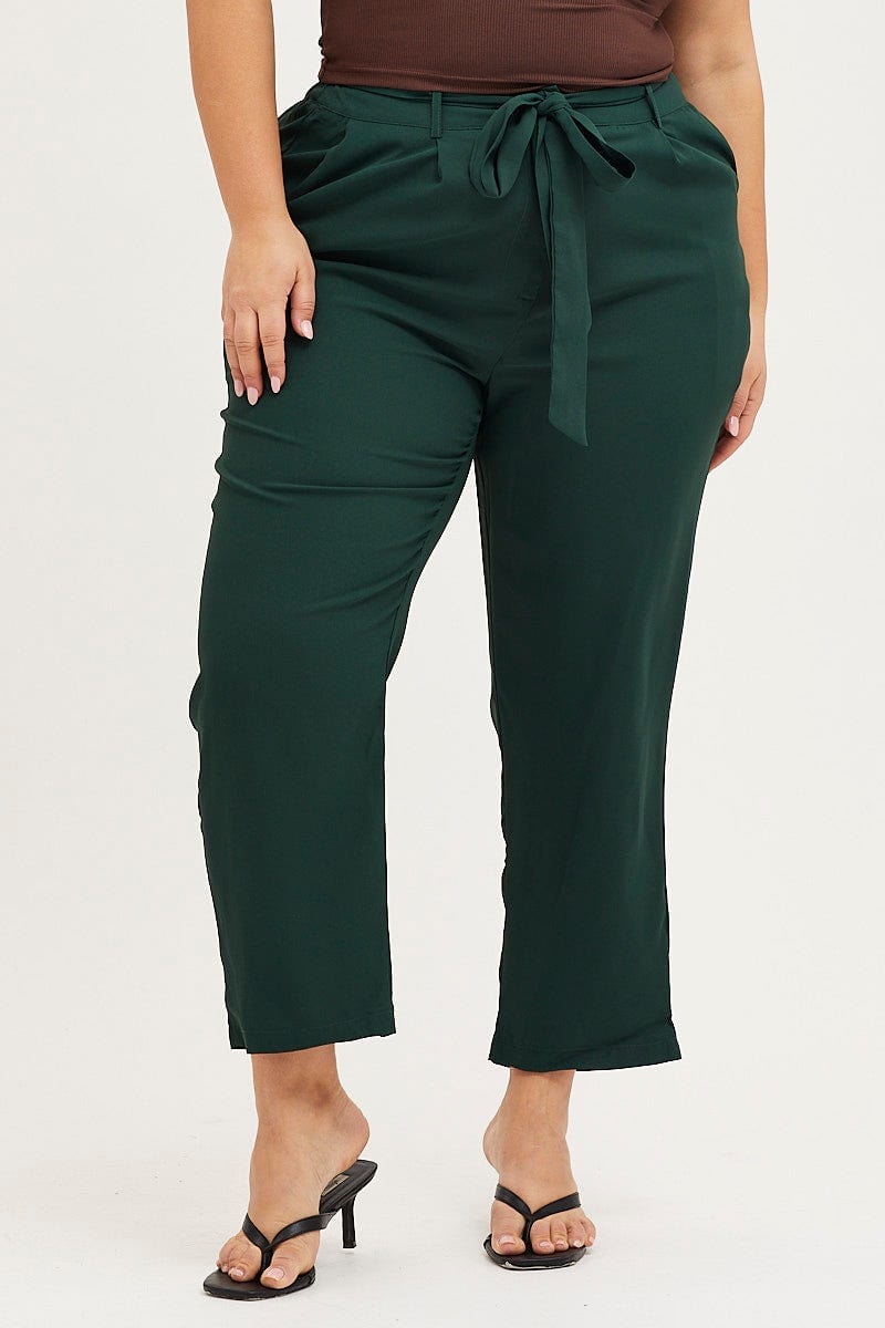 Green Crop Pants High Rise Waist Tie For Women By You And All