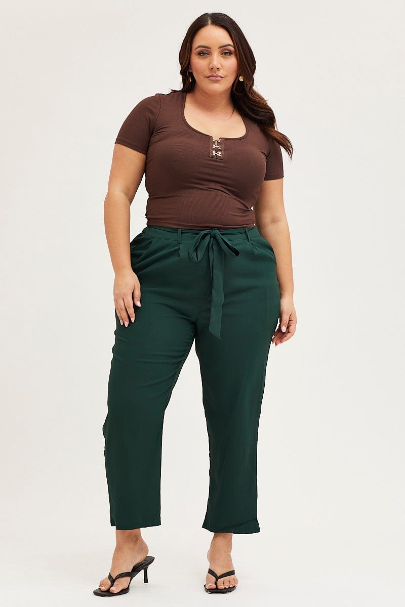 Green Crop Pants High Rise Waist Tie For Women By You And All