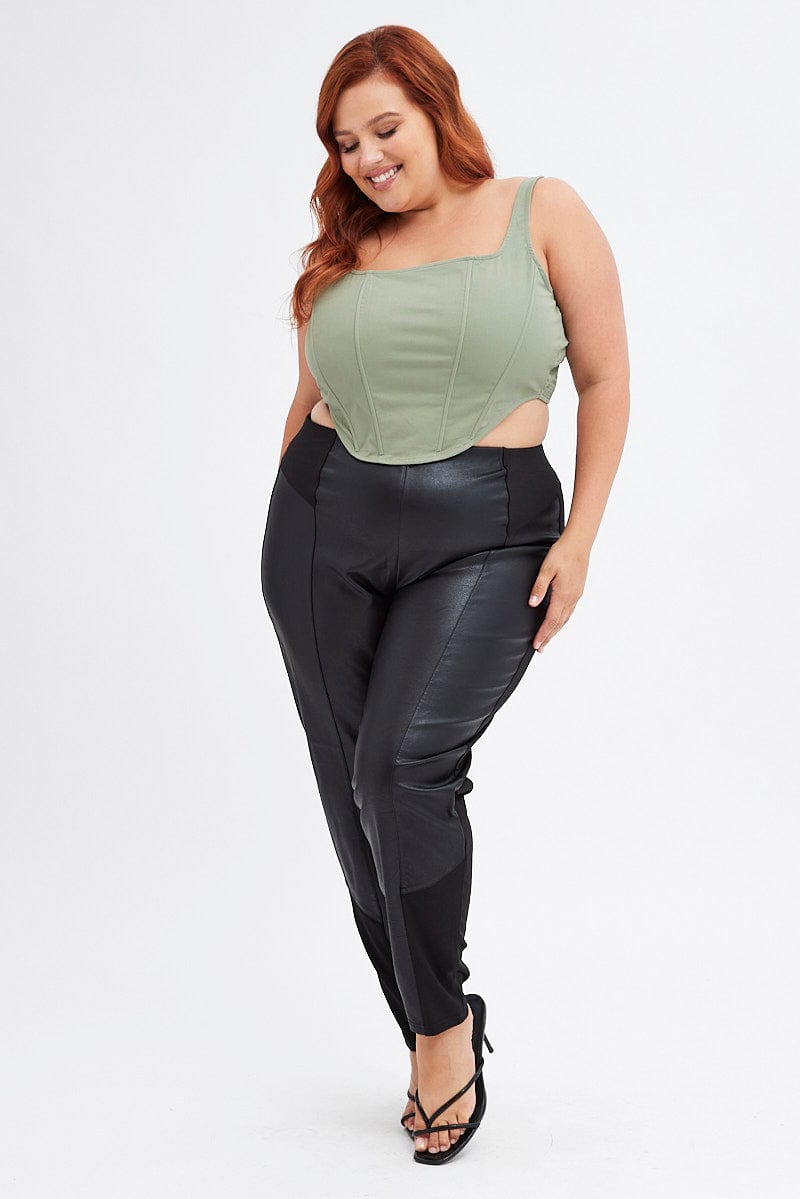 Plus Size Black Leggings High Rise Faux Leather Ponte Panel