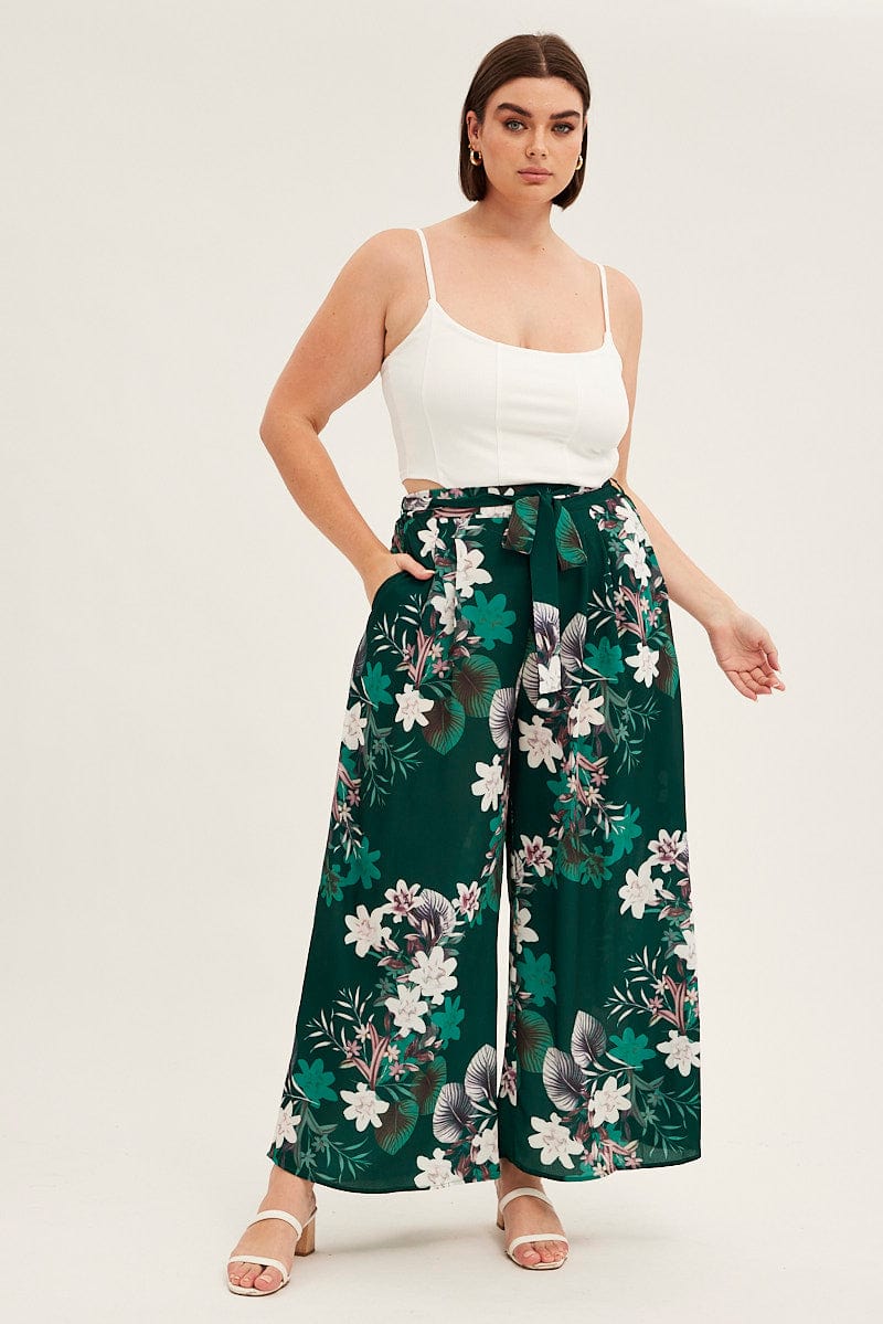 Green Floral Wide Pant Tie Waist Crepe for YouandAll Fashion