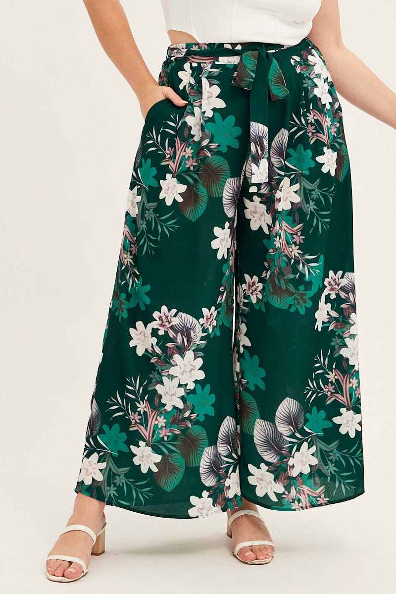 Green Floral Wide Pant Tie Waist Crepe for YouandAll Fashion