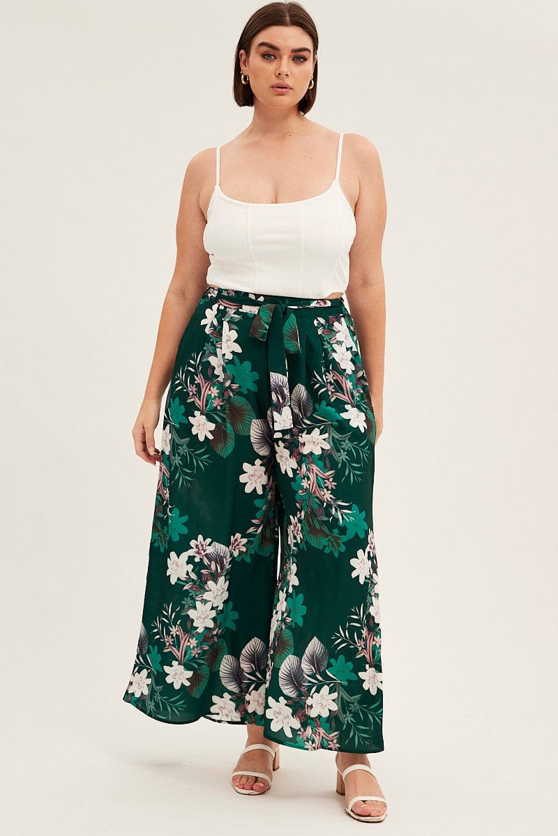 Green Floral Wide Pant Tie Waist Crepe for YouandAll Fashion