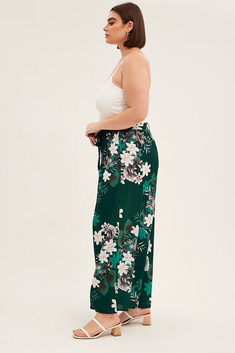 Green Floral Wide Pant Tie Waist Crepe for YouandAll Fashion