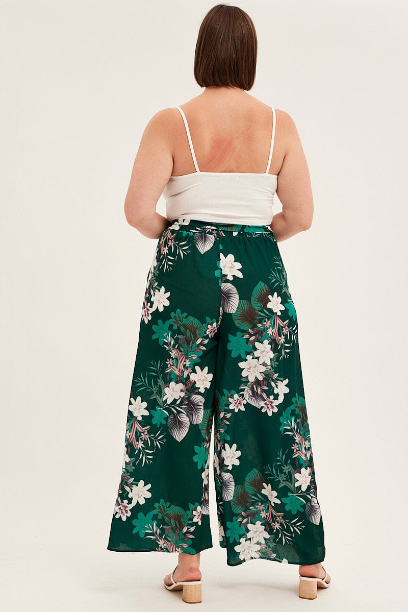 Green Floral Wide Pant Tie Waist Crepe for YouandAll Fashion