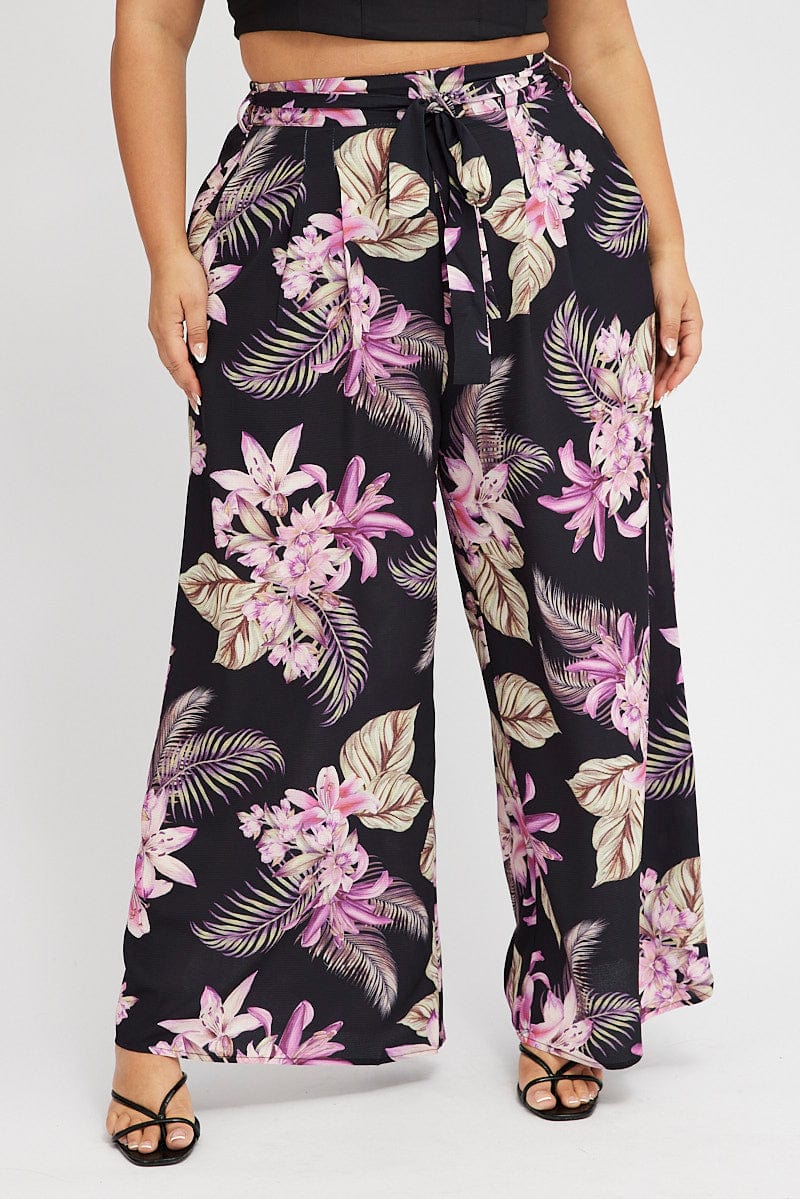 Multi Floral Wideleg Pants Tie Waist Tropical for YouandAll Fashion