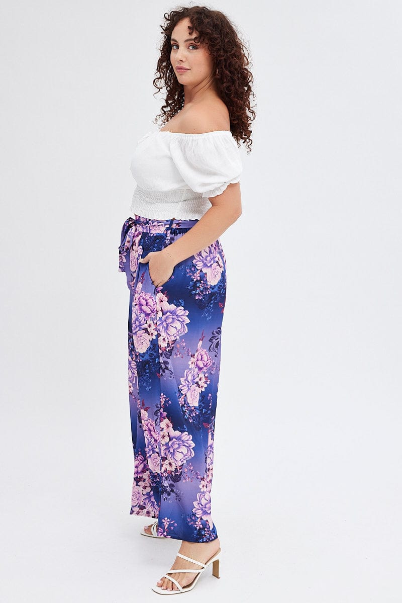 Multi Floral Wide Leg Pants High Rise Belted for YouandAll Fashion