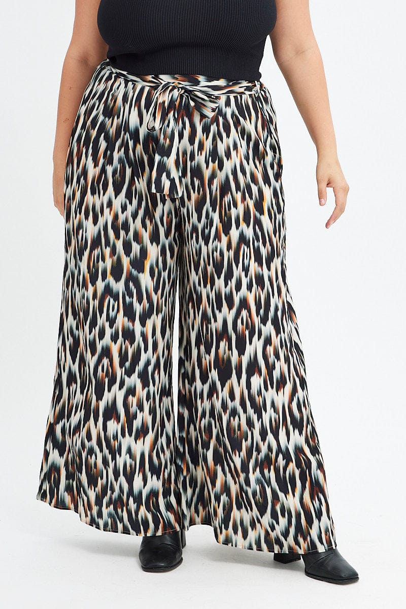 Multi Animal Print Wideleg Pants Abstract Leopard Tie Waist for YouandAll Fashion