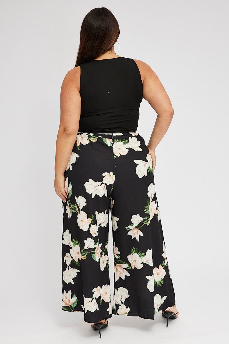 Black Floral Wide Leg Pants Belted for YouandAll Fashion
