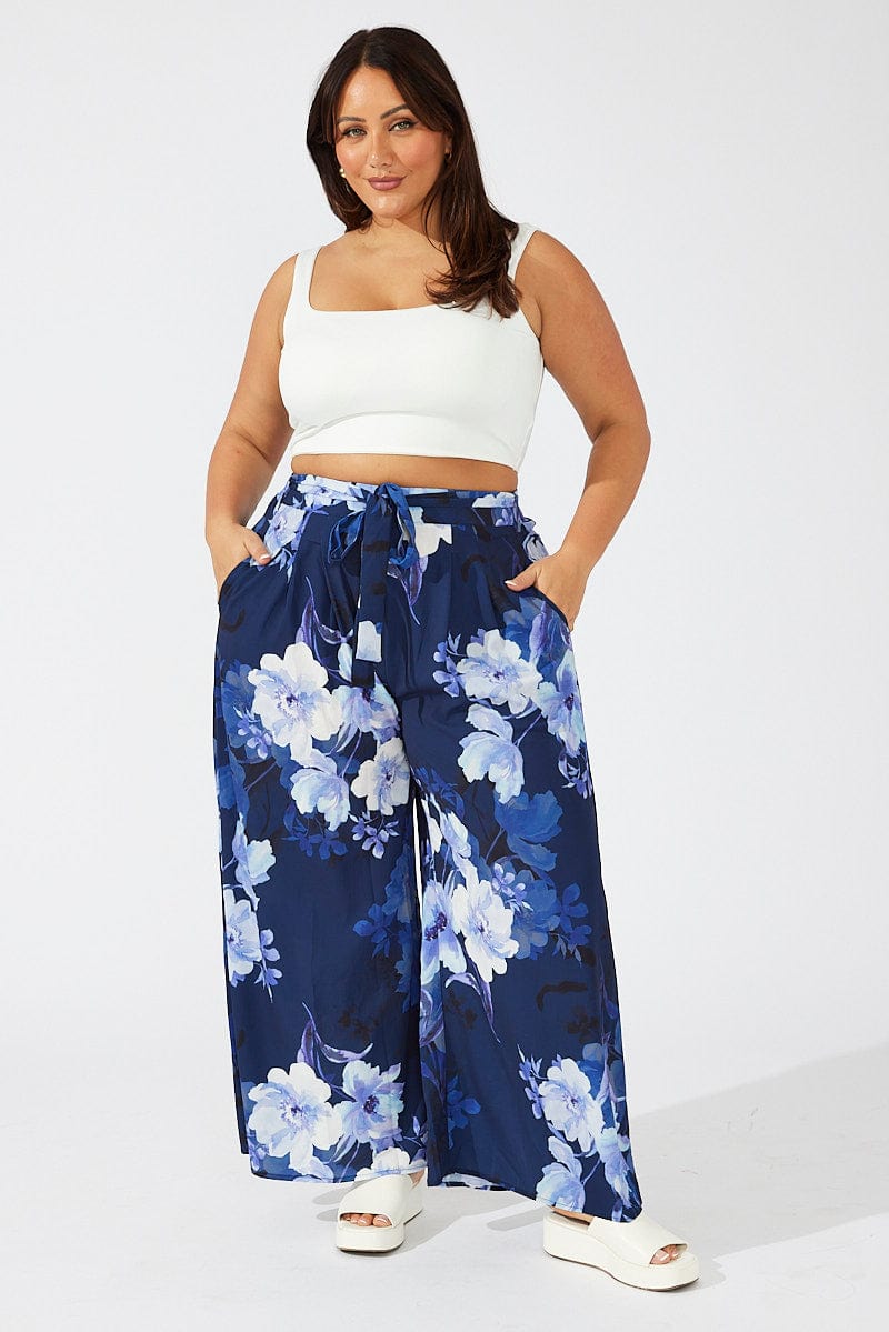 Blue Floral Wide Leg Pants Belted for YouandAll Fashion