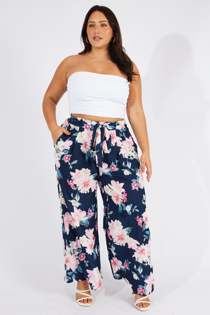 Blue Floral Wide Leg Pants Belted for YouandAll Fashion