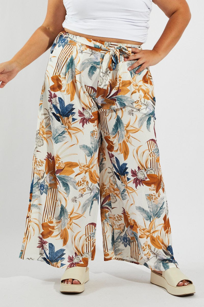 Multi Floral Wide Leg Pants Belted for YouandAll Fashion