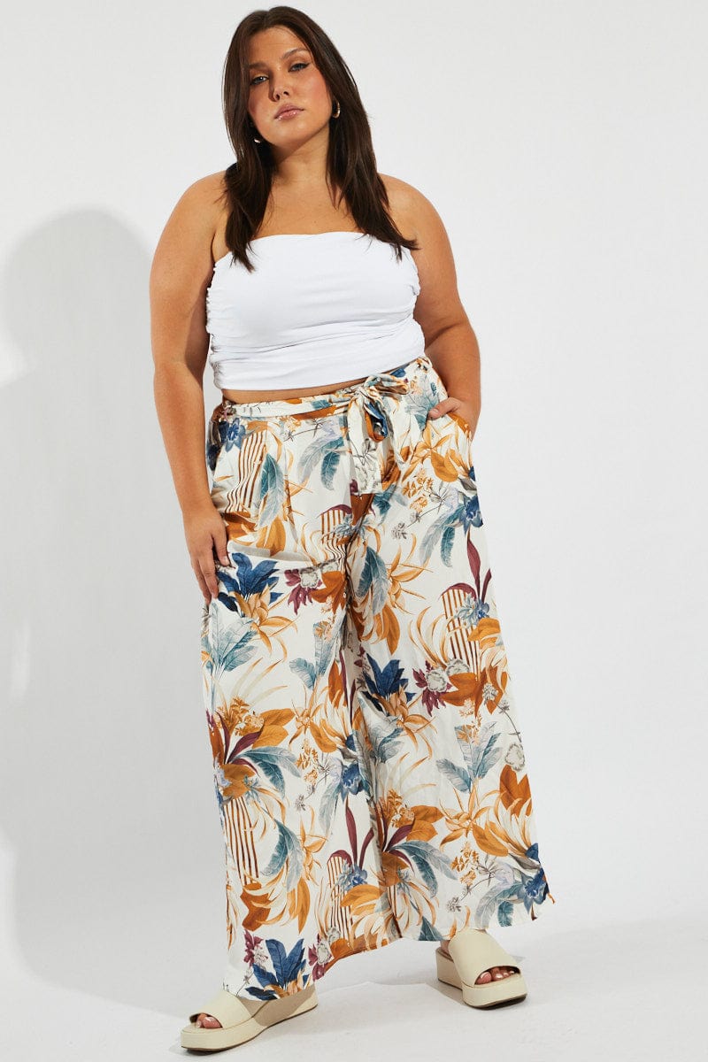 Multi Floral Wide Leg Pants Belted for YouandAll Fashion