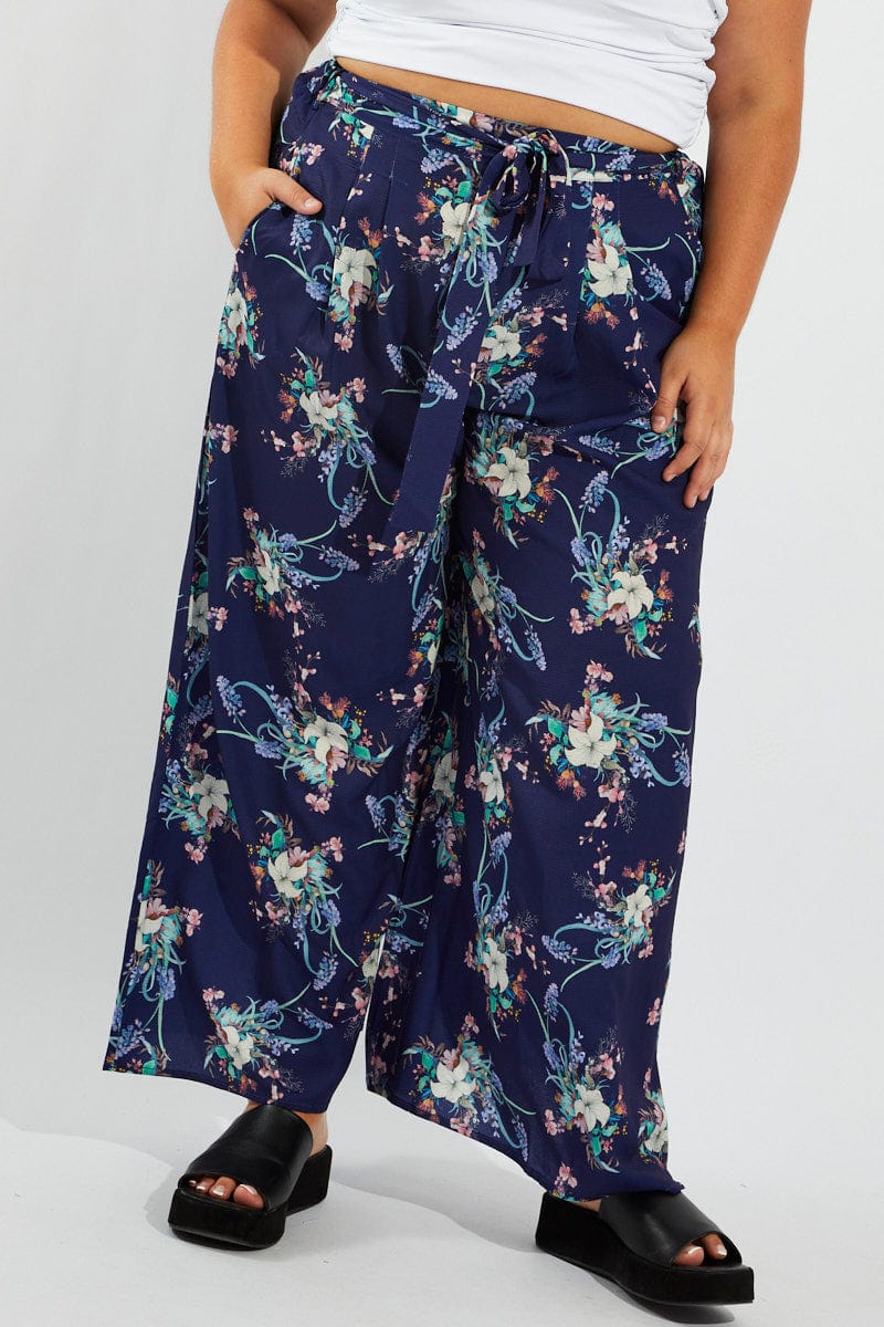 Multi Floral Wide Leg Pants Belted for YouandAll Fashion