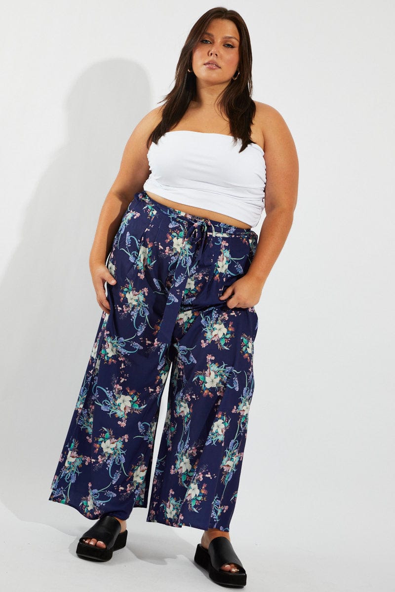 Multi Floral Wide Leg Pants Belted for YouandAll Fashion