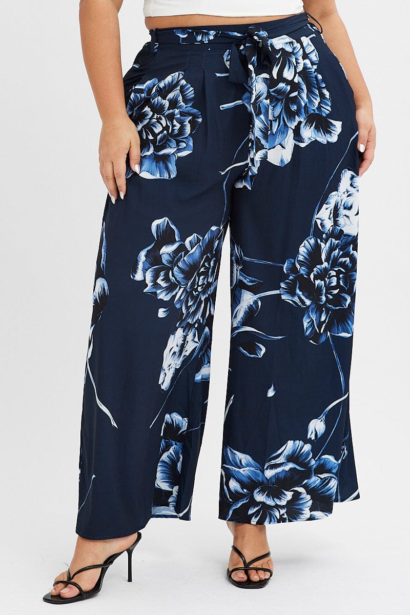 Blue Abstract Wideleg Pants Tie Waist Crepe for YouandAll Fashion