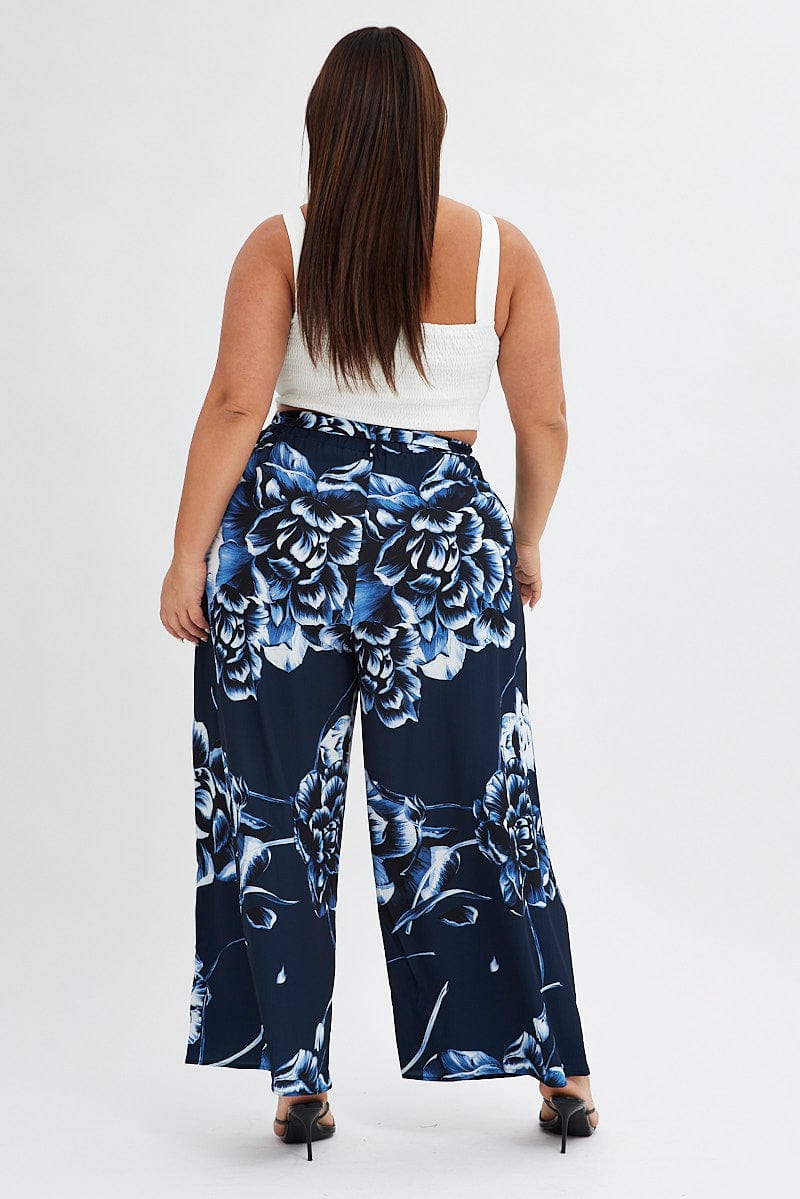 Blue Abstract Wideleg Pants Tie Waist Crepe for YouandAll Fashion