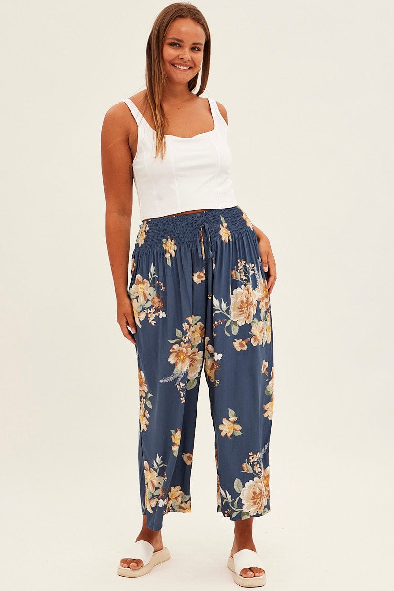 Multi Floral Wideleg Pants Shirred Waistband Textured Crepe for YouandAll Fashion