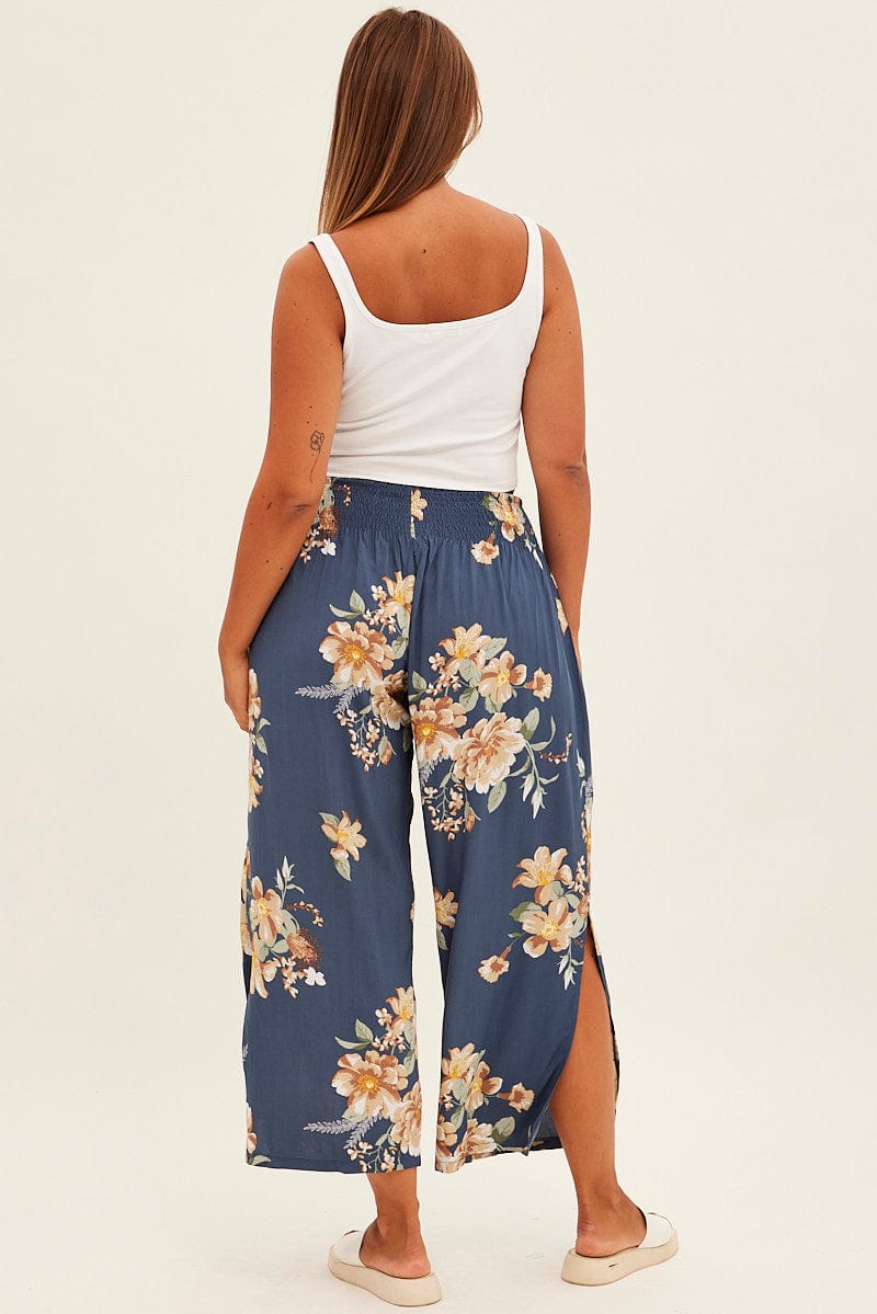 Multi Floral Wideleg Pants Shirred Waistband Textured Crepe for YouandAll Fashion