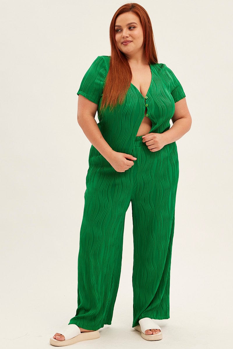 Green Textured Pant Wide Leg Wavy for YouandAll Fashion