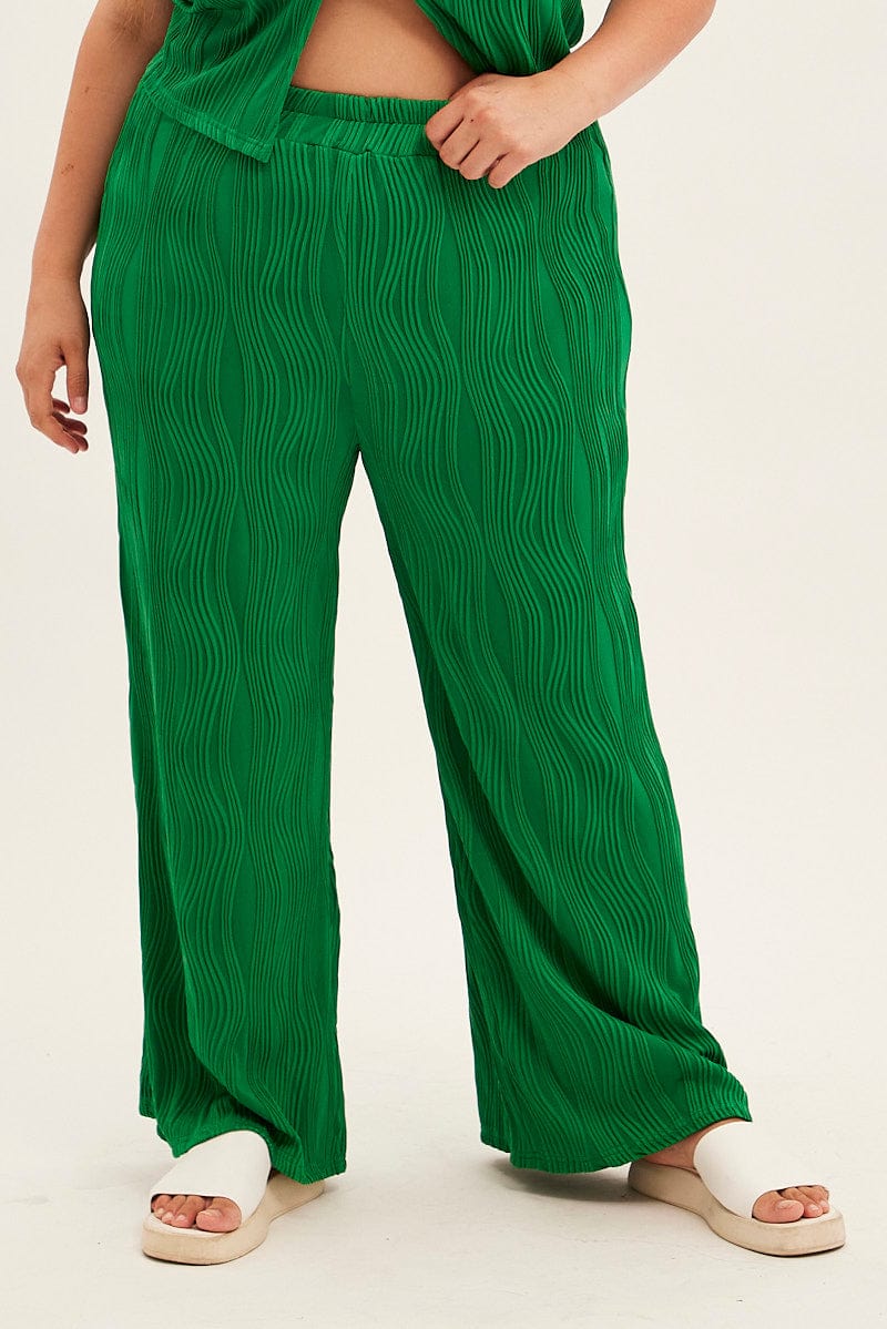 Green Textured Pant Wide Leg Wavy for YouandAll Fashion