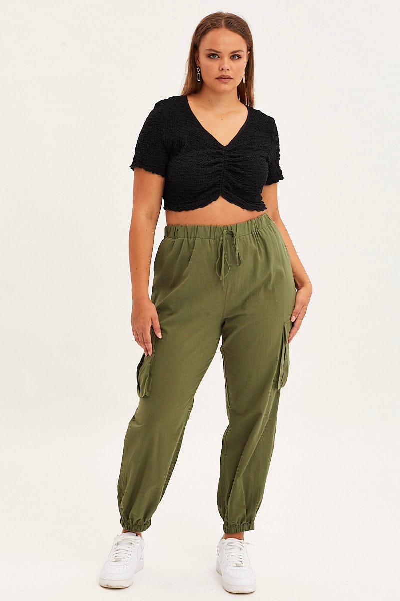 Green Cargo Pants Elastic Waist Cotton Flap Pocket | You + All