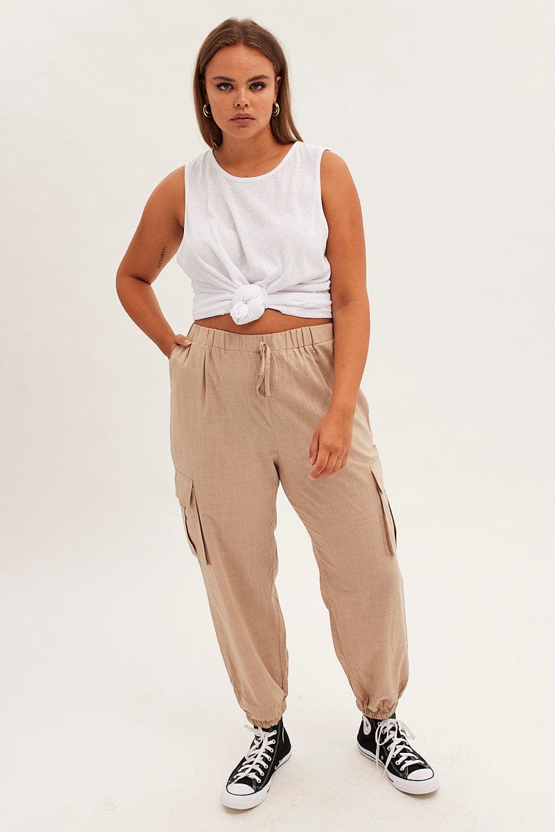 Beige Cargo Pants Elastic Waist Cotton Flap Pocket for YouandAll Fashion