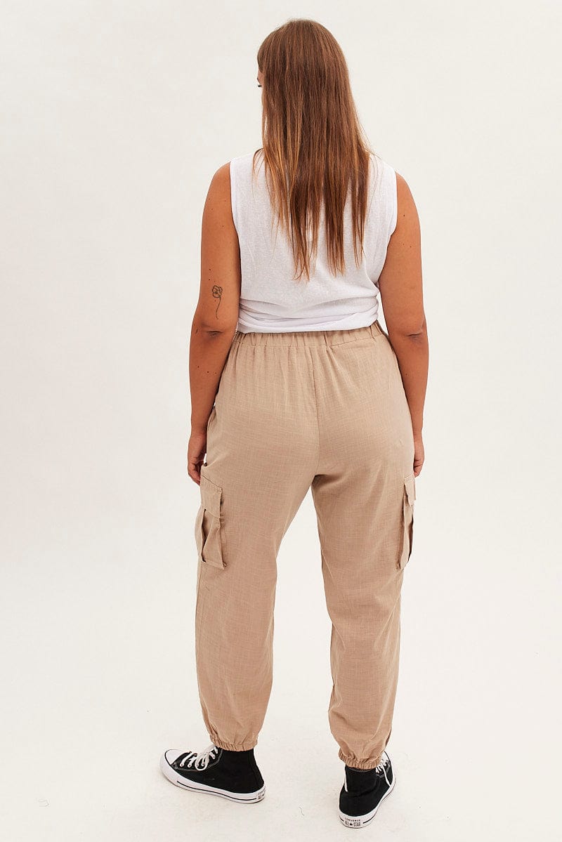 Beige Cargo Pants Elastic Waist Cotton Flap Pocket for YouandAll Fashion