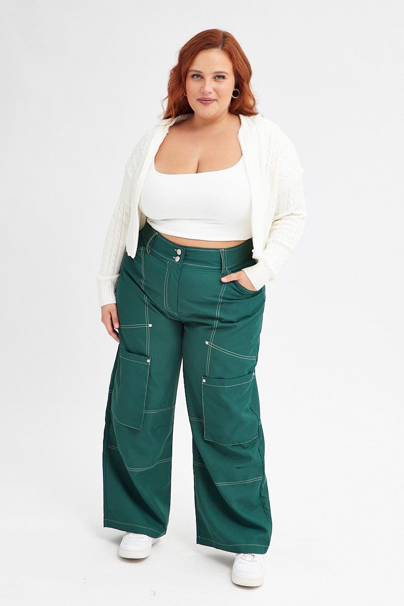 Green Cargo Pant Wide Leg Contrast Stitch for YouandAll Fashion