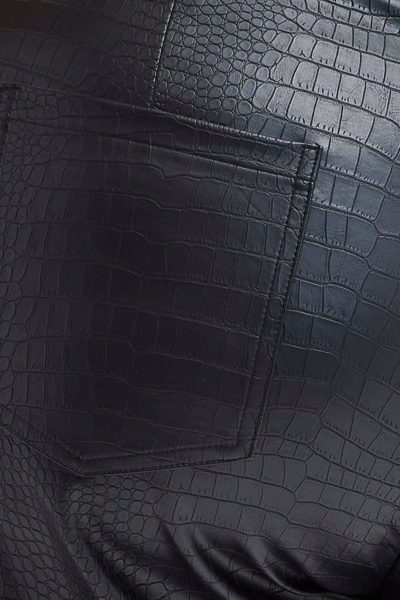 Black Wideleg Pants Faux Leather Croc High Waist