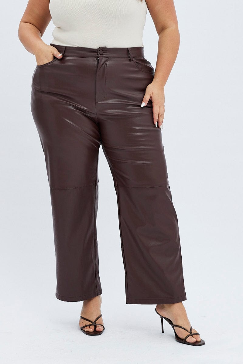 Brown Faux Leather Pants High Button Waist Wide Leg | You & All