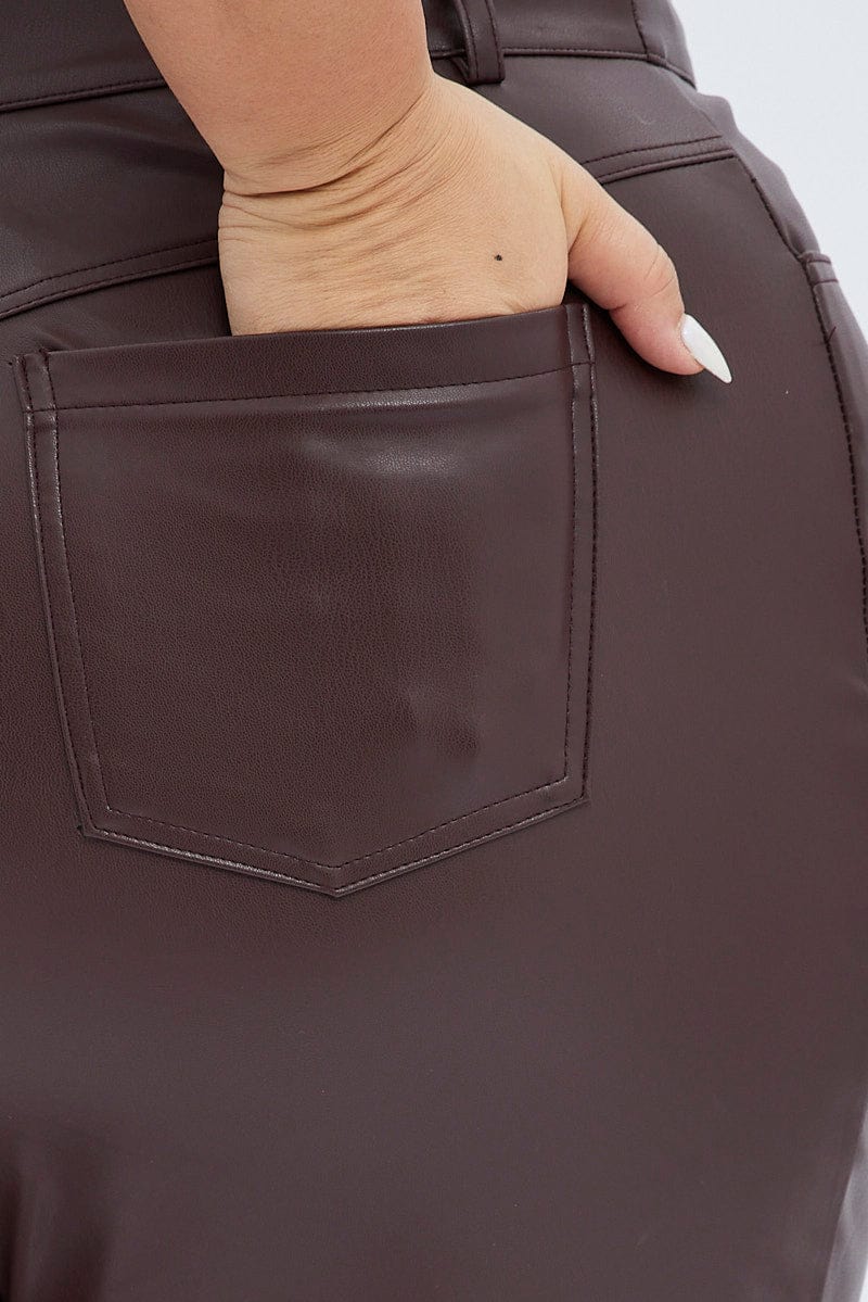 Brown Faux Leather Pants High Button Waist Wide Leg